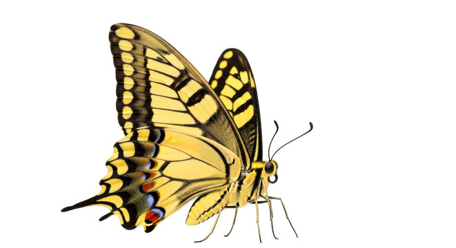 Isolated Eastern tiger swallowtail butterfly on a simple backdrop, graceful yellow insect