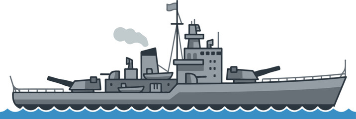 Vector illustration of a gray military battleship sailing on the ocean, featuring radar towers, cannons, and detailed naval structure in a clean flat cartoon style. © AI illustration 