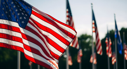 American flags waving in the wind on a sunny day in patriotic display