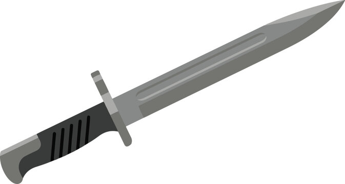 Silver military bayonet knife with black handle shown at an angle, flat vector EPS illustration of a tactical combat blade isolated on a light background,