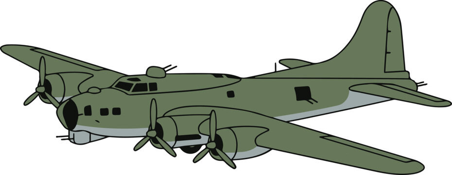 Green four-engine military bomber airplane in side perspective, flat vector EPS illustration of a vintage warplane, isolated on a light background,