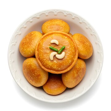 Traditional malpua sweet pancakes garnished with nuts served white bowl