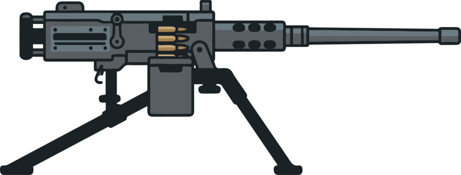 Vector illustration of a heavy machine gun mounted on a bipod with an ammunition belt, designed in a clean flat cartoon style.