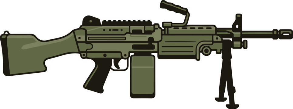 Vector illustration of a green belt-fed military machine gun with bipod, ammunition box, and carrying handle in a flat cartoon style.