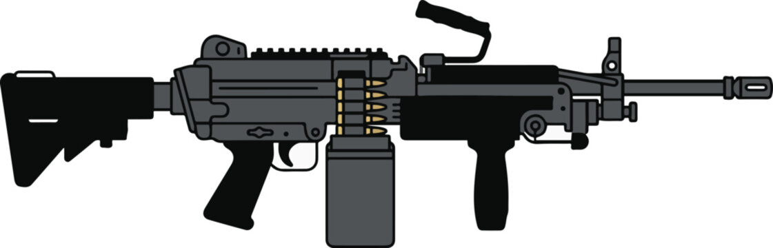 Vector illustration of a belt-fed light machine gun with tactical stock, grip, and mounted bipod in a clean flat cartoon style.
