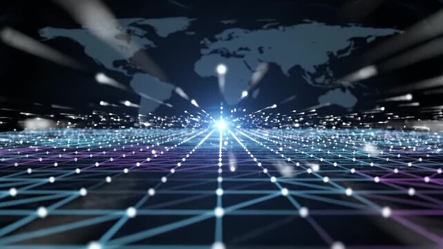 Abstract representation of global data network with light lines converging towards a bright point, with world map
