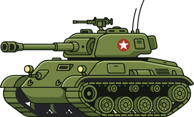Cartoon-style vector illustration of a green military battle tank with turret cannon and tracks. © AI illustration 