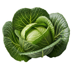 Obraz premium Vibrant green cabbage with emerald outer leaves and lime green inner leaves, intricate textures, glistening dew drops, isolated against a transparent background with copy space. Concept for fresh