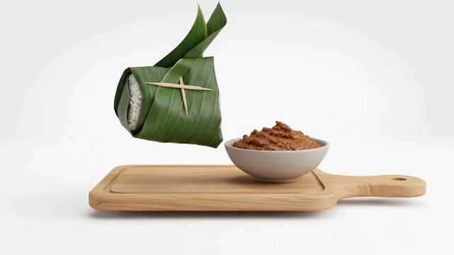 Traditional Indonesian Lontong Isi Rice Cake Wrapped in Green Banana Leaf Served With Spicy Peanut Sambal Sauce on Wooden Board Clean White Background Seamless Loop Animation