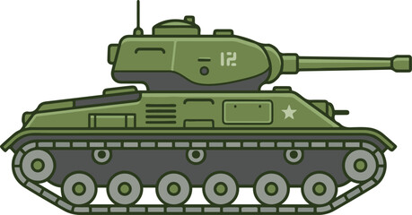 Detailed green military battle tank in side view with turret and cannon, flat vector EPS illustration of an armored combat vehicle isolated on a light background, © AI illustration 