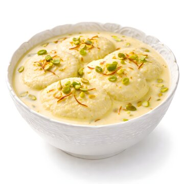 Rasmalai sweets soaked in creamy milk served white bowl
