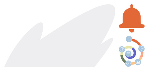 Notifications, reminders, data analysis, time management, productivity, workflow monitoring. Graphic of a notification bell and colorful circular data metrics. Notifications and data analysis concept