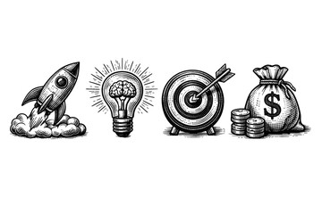 Business Startup and Financial Icons Set in Hand Drawn Engraving Style