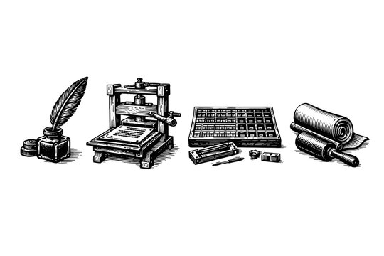 Vintage Printing and Literature Tools Set in Hand Drawn Style
