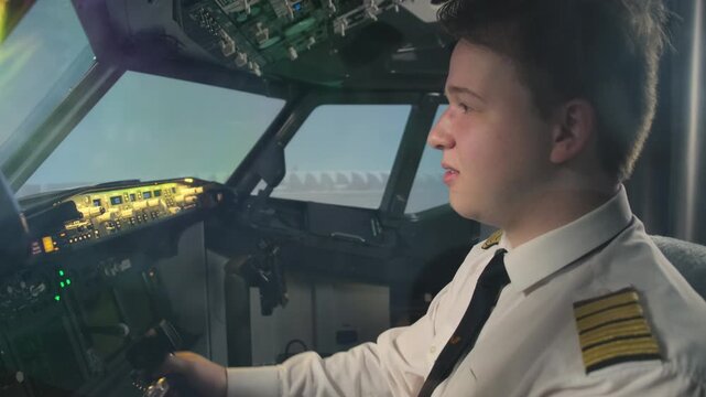 Young captain navigates aircraft climbing out from airfield. Skilled pilot in uniform engages in flying airplane talking to crew