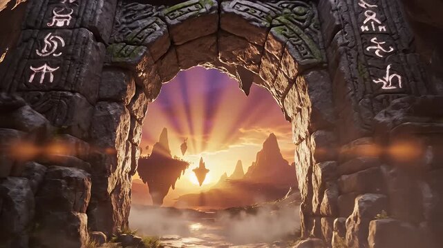 Mysterious Ancient Torii Gate Inside a Fiery Cave Leading to Portal of Light