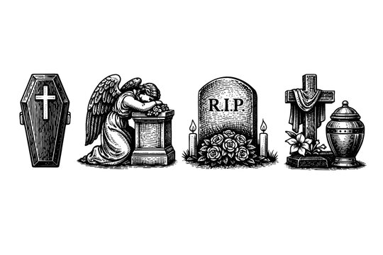 Funeral and Cemetery Symbols Vector Set in Woodcut Style