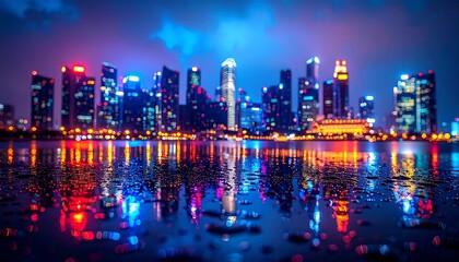 Obraz premium A vibrant cityscape at dusk with colorful lights reflected on water