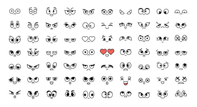 Grid of various cartoon eyes and mouthless faces showing a wide range of emotions from happy and surprised to angry and tired for character.
