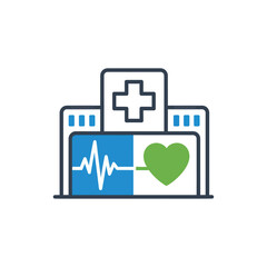 Obraz premium Hospital building icon with heartbeat monitor and heart