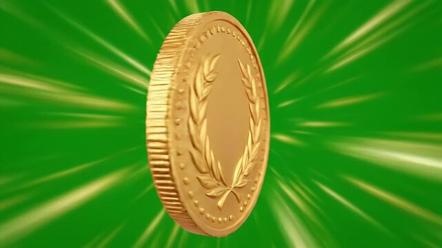 A close-up of a golden coin with a laurel wreath design, set against a green, radiant background