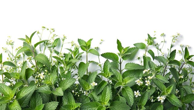 Fresh green mint plants with white flowers in garden natural herbal background