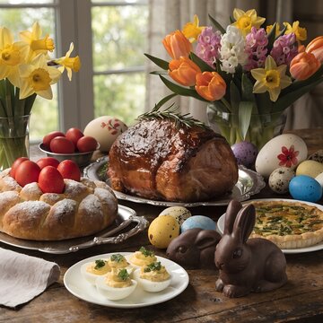 A festive easter table setting with ham colorful eggs and spring flowers