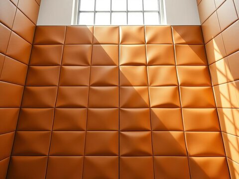 Stark biege leather segments create a precise, architectural grid,  modern,  minimal design