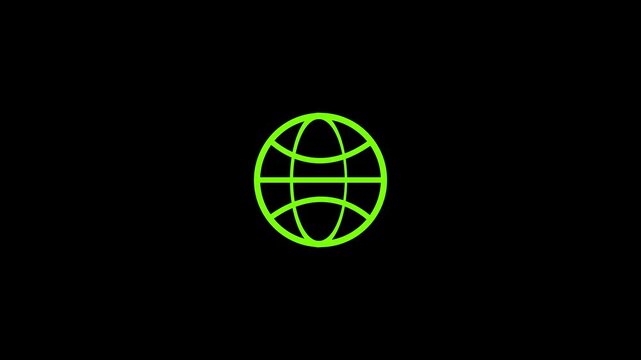 neon globe icon loop animation with black background. The globe icon depicts a simplified representation of the Earth.