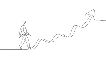 A person walking up a continuous line drawing of an ascending arrow