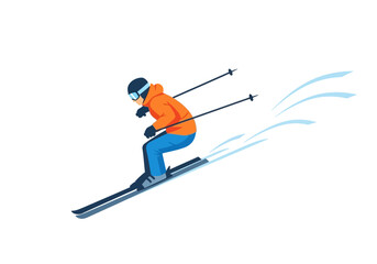 Fototapeta premium A skier in orange jacket and blue pants skiing down a snowy slope with ski poles