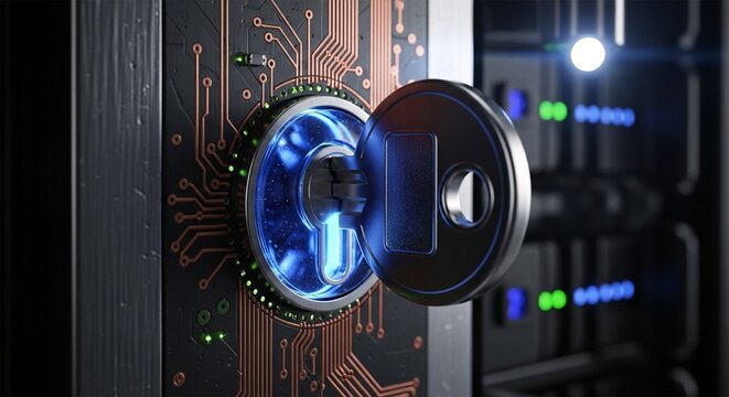 Secure server room with digital lock and glowing blue circuitry viewed from the side in a dark environment