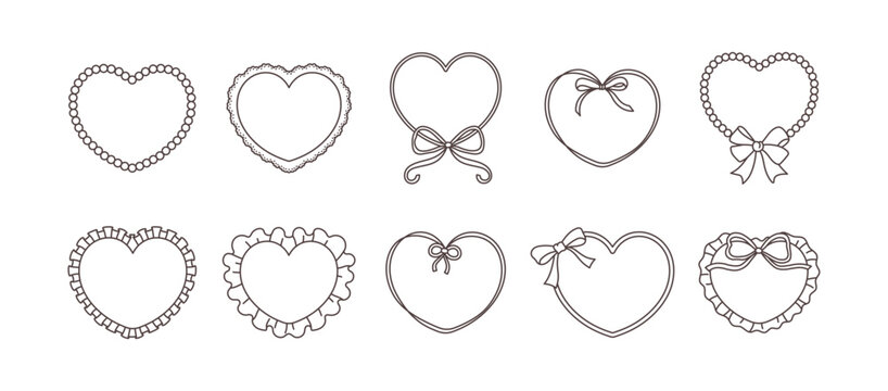 Girly heart frame set with lace, bows and frills. Valentine Heart borders in hand drawn vector style for wedding cards, romantic labels and cute invitations