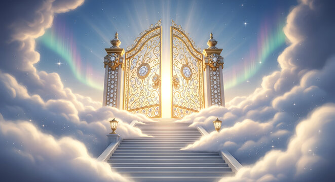 Ornate golden open to a bright sky above clouds
