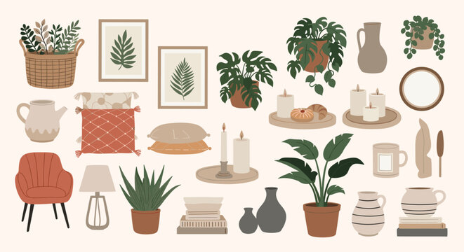 Large set of cozy home decor elements including houseplants, candles, ceramics, paintings, and furniture in a boho style.