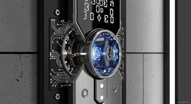 High-tech security lock with digital keypad and biometric scanner on a metallic door viewed from a straight angle