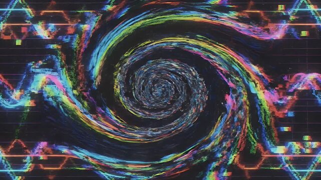 Digital art of swirling, colorful vortex amid glitchy data lines on black background
