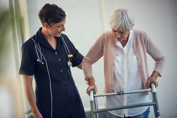 Fototapeta premium Nurse, service and old woman with walker for help, rehabilitation or balance in home Assisted living, caregiver and senior person with disability, walking frame and support or mobility care in house