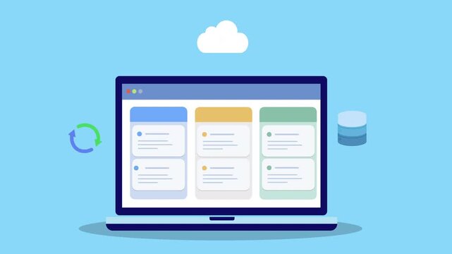 Flat vector animation of laptop dashboard with cloud storage, database, and sync icon representing cloud computing, data synchronization, and digital information management.
