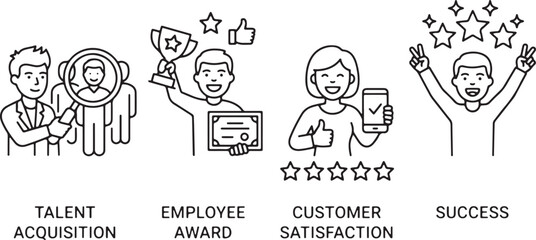 Talent Acquisition Success Chart Icon with stars above a man, an employee award, and a customer satisfaction line 