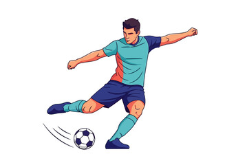 Obraz premium A soccer player kicking a ball with dynamic motion, captured from a front viewpoint in an illustration.