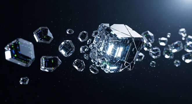 A collection of diamonds and a large diamond sphere on a dark surface, viewed from a slightly elevated angle, showcasing sparkling crystals and a geometric pattern