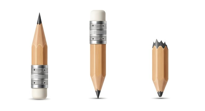Pencil Sharpening Stages Horizontal Progression From New Pencil to Short Stub Isolated on White