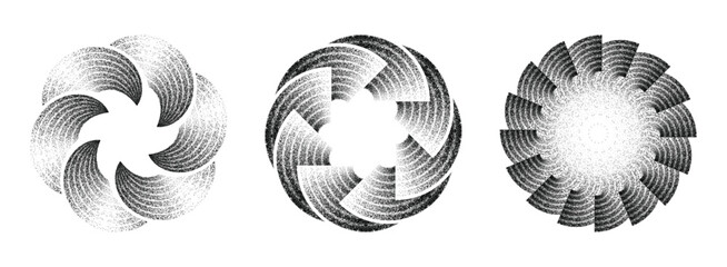 Geometric spiral swirl circular halftone pattern collection with retro grain texture vector. © Vallabh soni