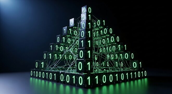 A 3D binary pyramid structure illuminated with green binary code on a dark reflective surface viewed from a low angle