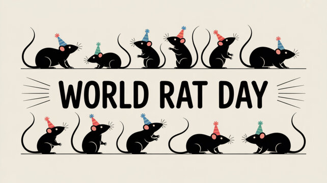 Black rats wearing party hats celebrating world rat day in a fun minimalist design with bold typography and bright colors