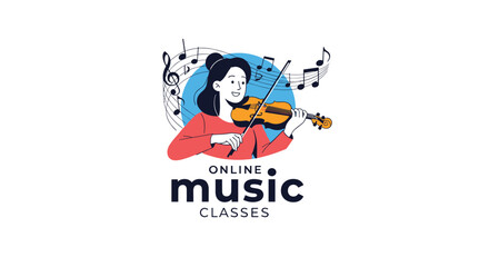 Cheerful woman playing a violin surrounded by musical notes and a blue circle for an online music classes promotion.