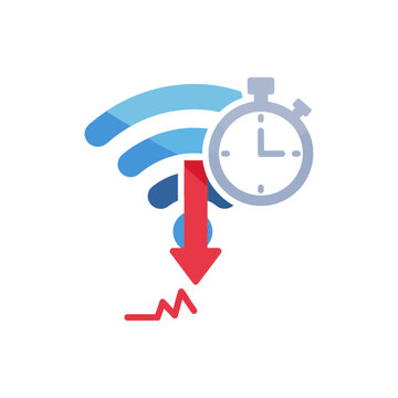 Slow WiFi signal with stopwatch and downward trend arrow