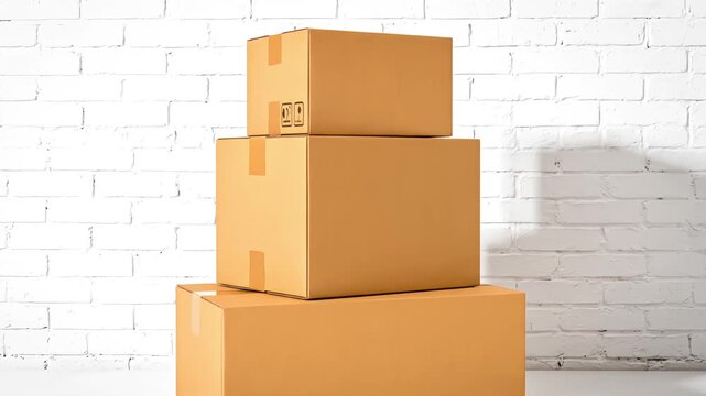 Three stacked cardboard boxes on a white brick background.