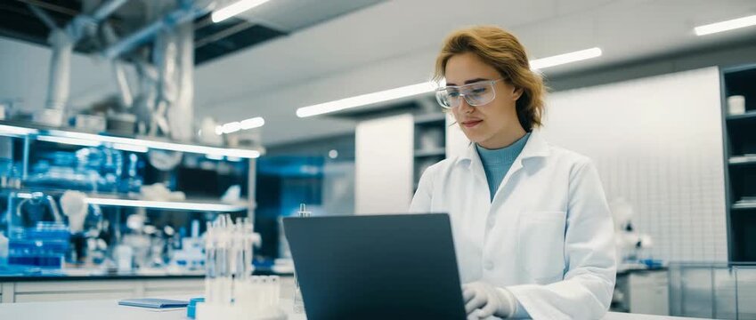 Female scientist working on laptop in modern laboratory, Concept of scientific research, biotechnology, innovation